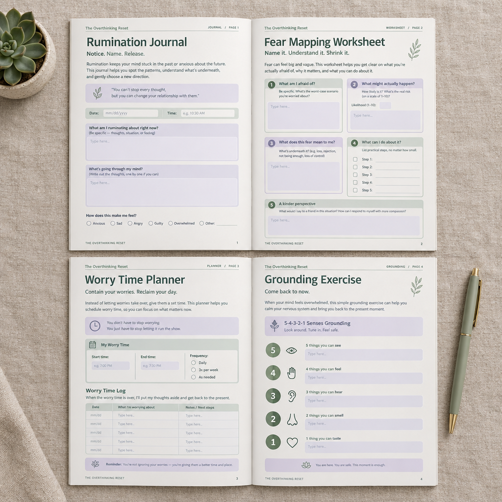Inside pages of the overthinking guide: rumination, fear, worry time and grounding